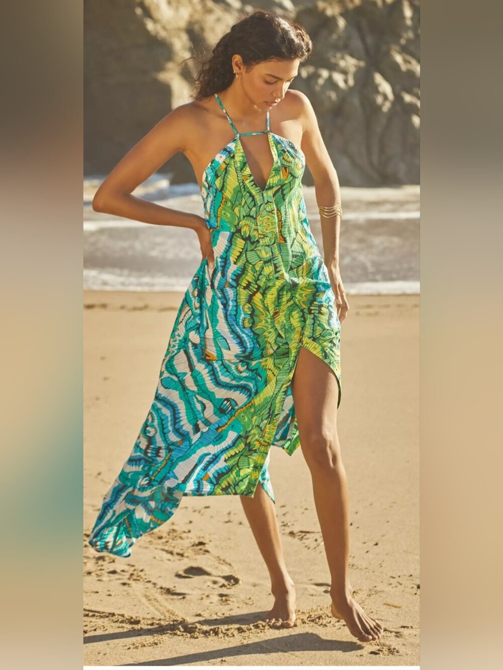 Anthropologie Butterfly Print Halter Maxi Dress – Tropical Boho Resortwear Rayon